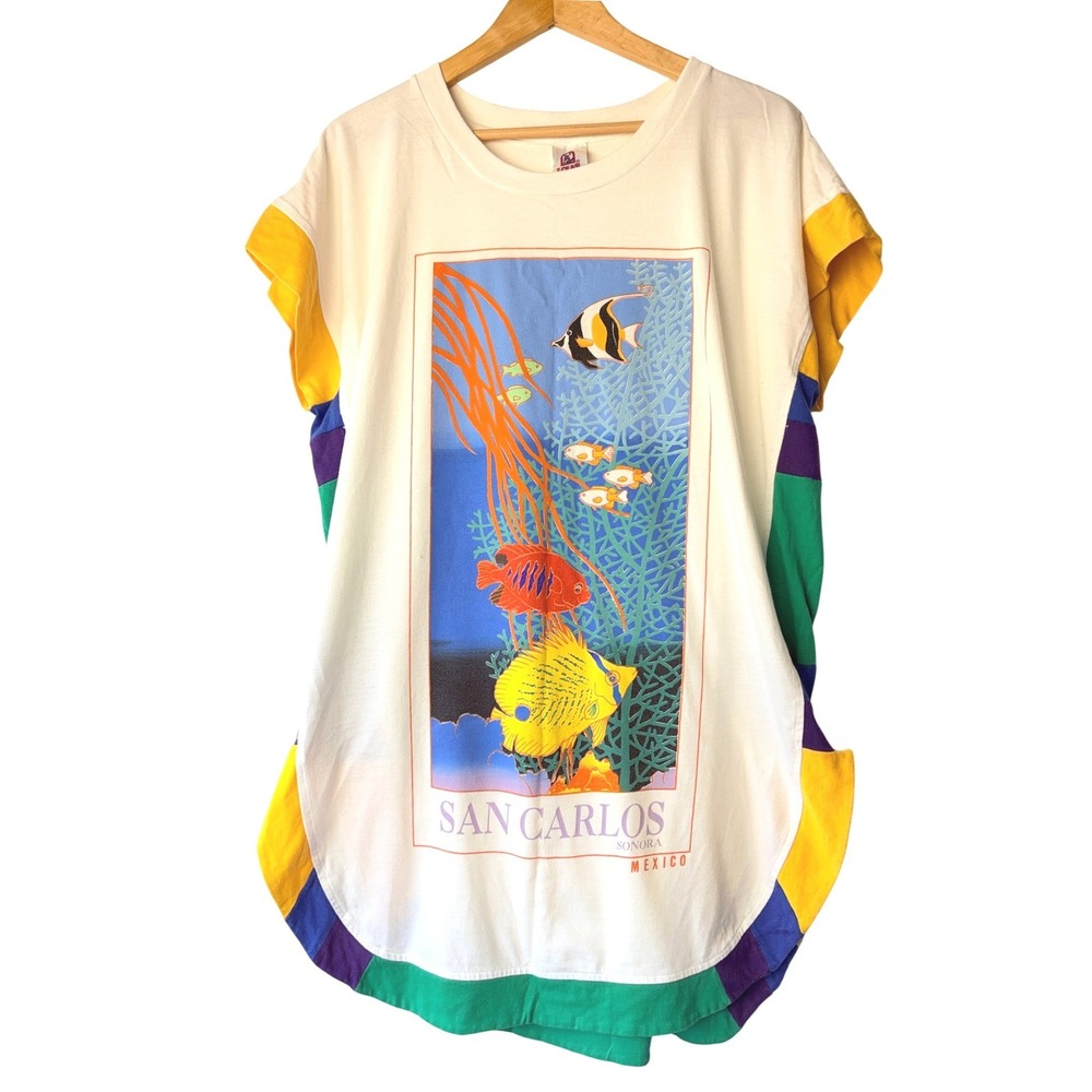 Vtg LOLAS San Carlos Sonora Mexico Fish Graphic Colorblock Tee Coverup Coastal
